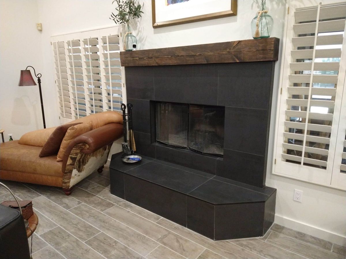 Stacked stone fireplace